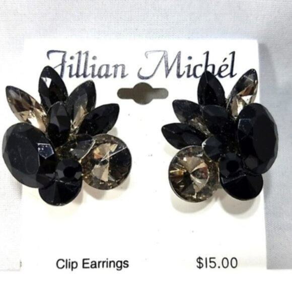 Vintage Black Silver Rhinestone Clip on Earrings, Old Stock, NWT, 1 1/2 Inches - Picture 1 of 3